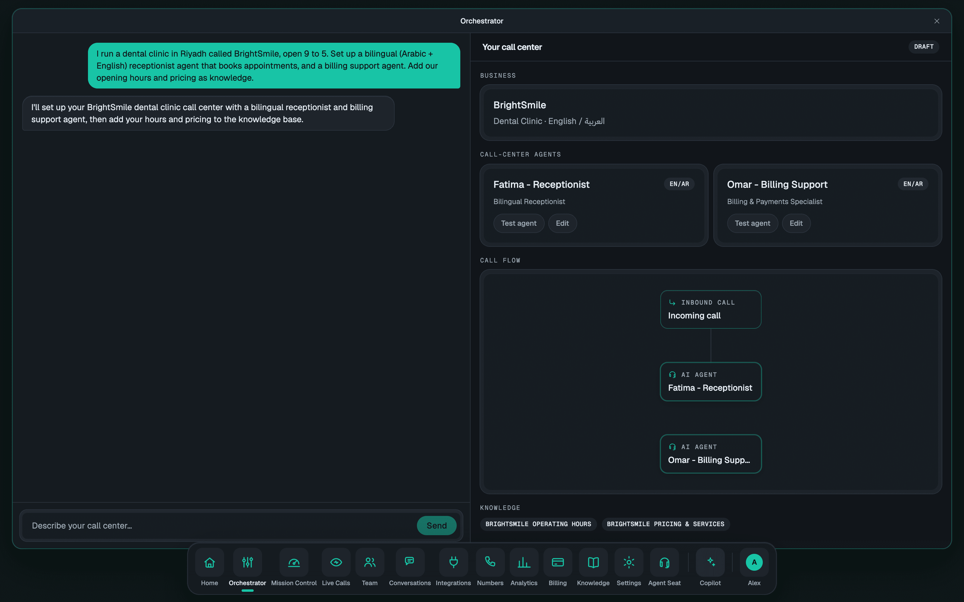 Describe your business — agents, call flow, and knowledge assemble live on the canvas.
